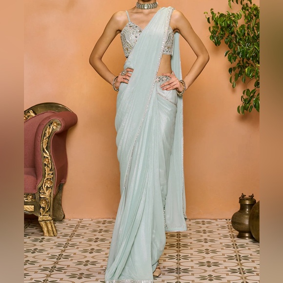 Dusty Mint Embroidered Georgette Pre-pleated Saree - Picture 1 of 5